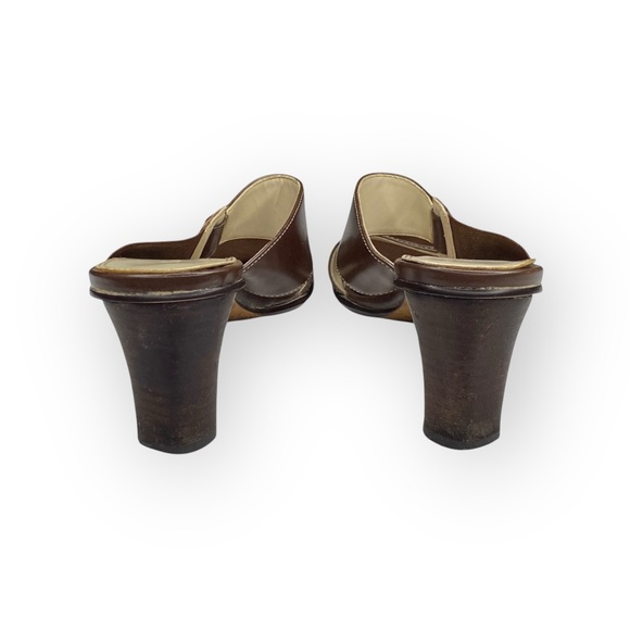 Vintage: Anne Klein 𖧷 Chunky Wood Heel Mules Sandals 𖧷 Brown Leather 𖧷 7.5M - Picture 3 of 16